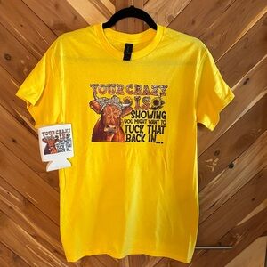 Gildan Yellow Short Sleeve Tee with matching koozie
